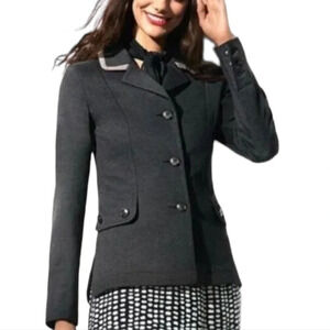 CABI Grey Crew Blazer Contrast Pipe Collar Pont Twill Single Breasted Preppy S